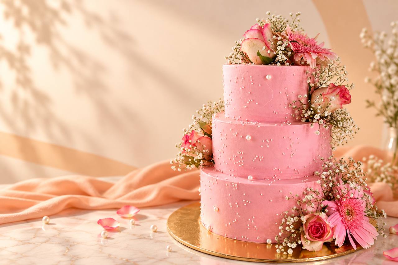Pink floral vegan wedding cake