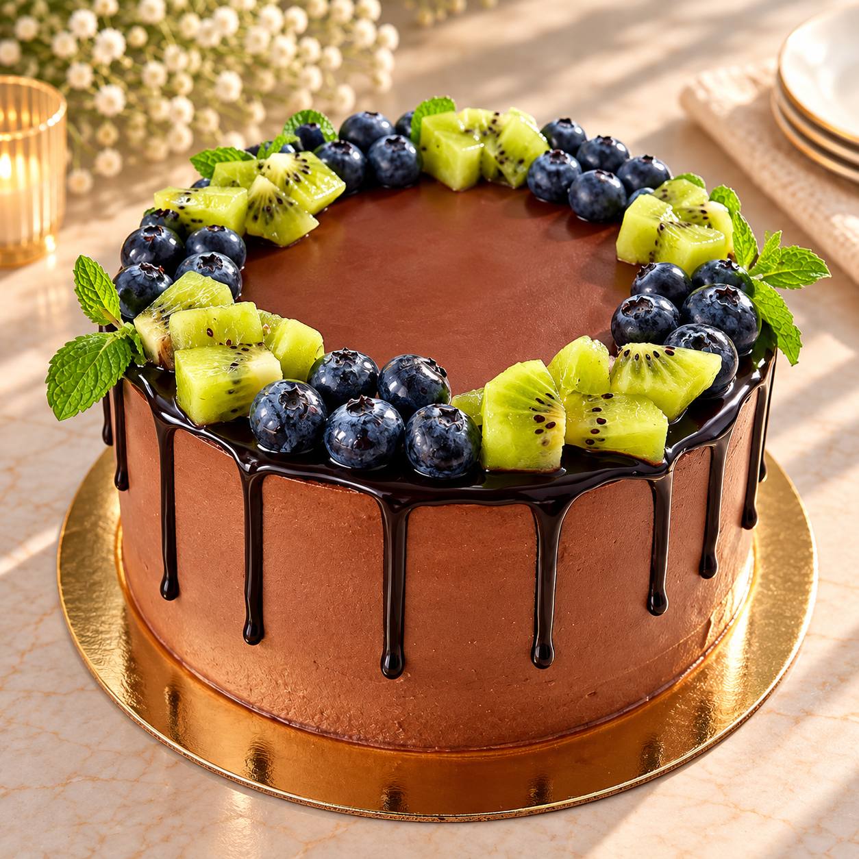 Fresh fruit and chocolate vegan cake