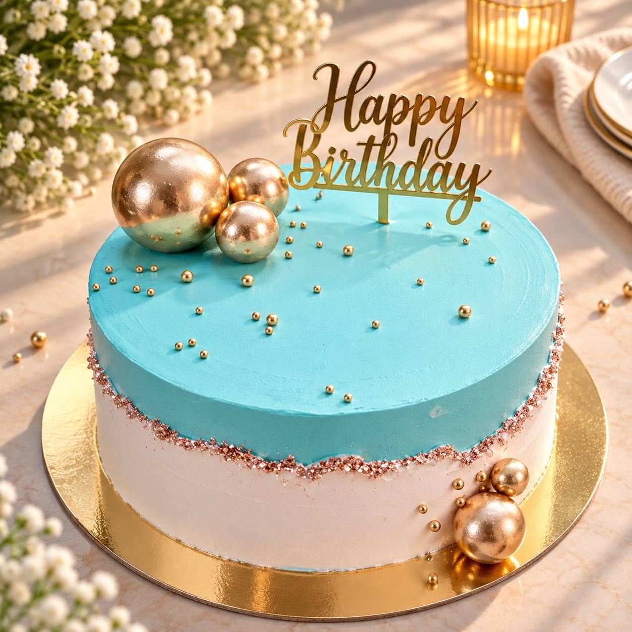 Sky blue vegan celebration cake