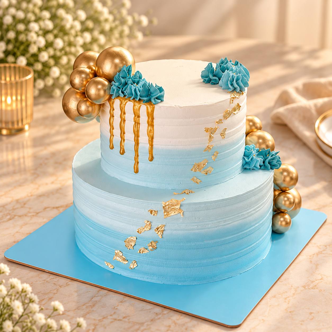 Blue two tier vegan cake