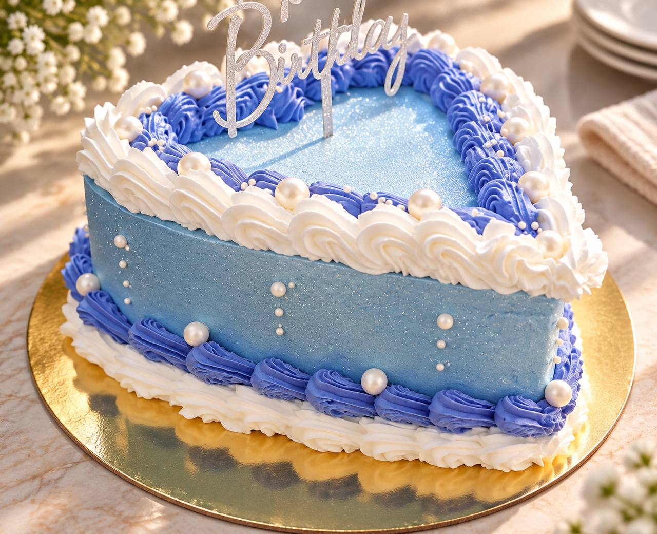 Blue heart-shaped birthday cake