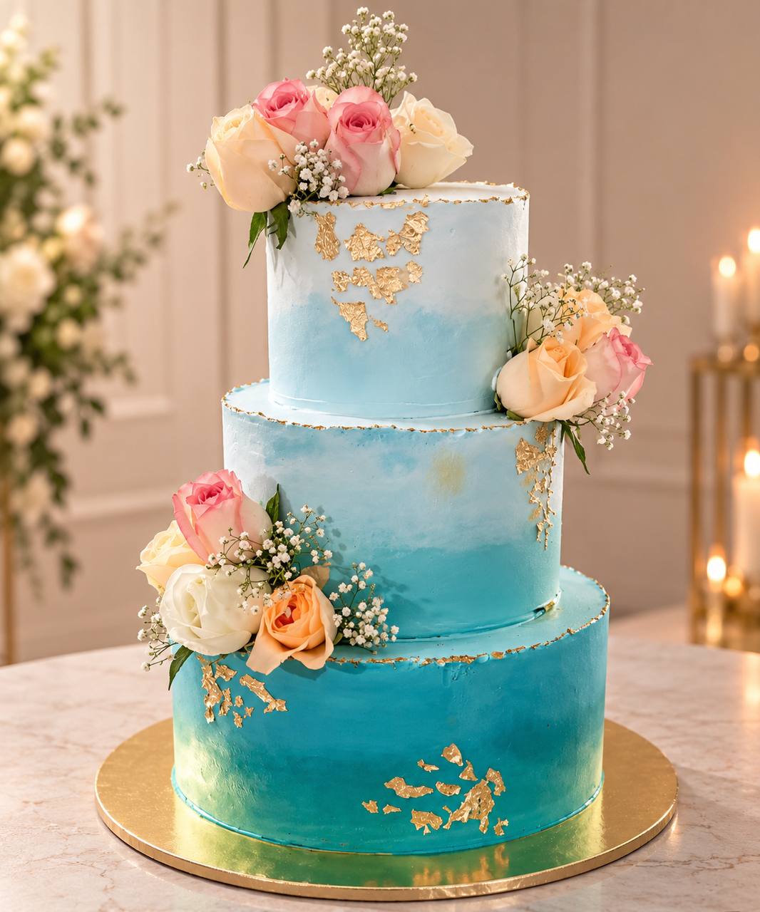 Turquoise floral wedding cake